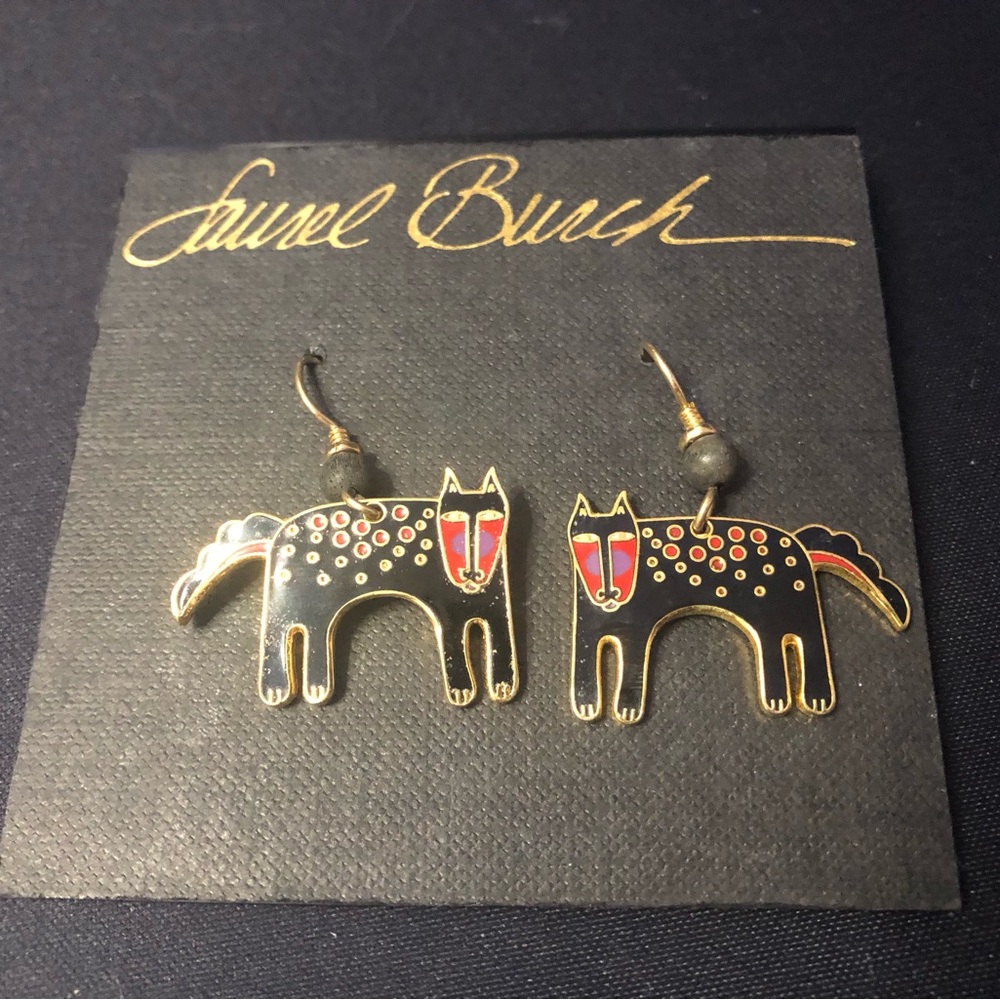 LAUREL BURCH “baby” black dog enamel earrings on original card. RARE.